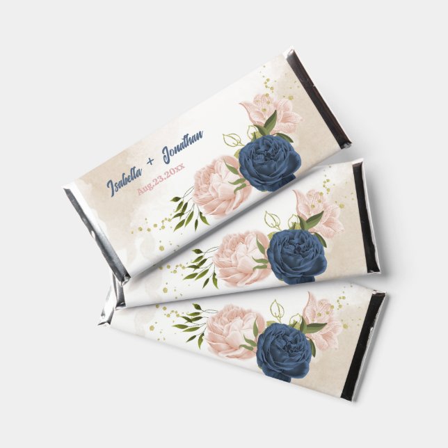 Navy & blush flowers greenery wedding  hershey bar favors (Front)