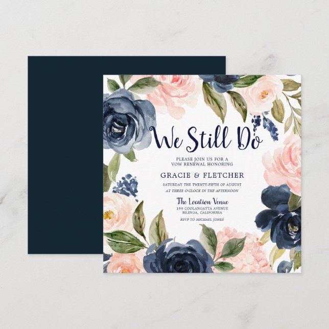 Navy Blush Flowers We Still Do Vow Renewal Invitation (Front/Back)