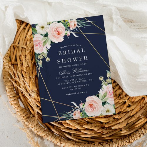 navy  blush geometric bridal shower invitation