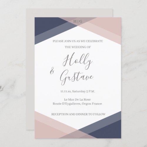 Navy Blush Geometric Monogram Modern Chic Wedding Invitation