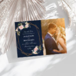 navy & blush geometric save the date photo card<br><div class="desc">floral geometric design with purple watercolor hand painted navy blue and blush flowers and a personalized photo. The color and text details can be personalized.</div>
