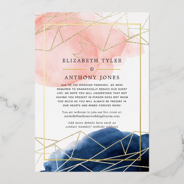 Navy & Blush Geometric Virtual Wedding Guest List Foil Invitation (Front)