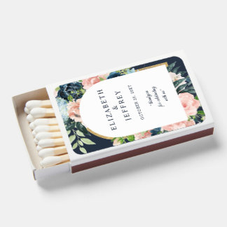 Navy Blush Gold Arched Floral Wedding Matchboxes