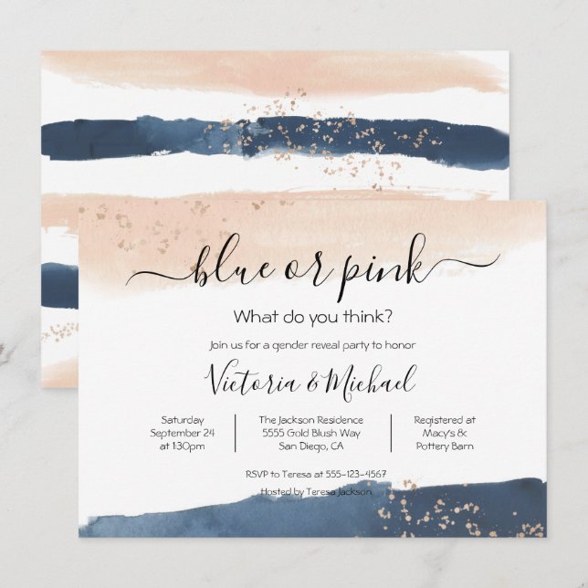 Navy Blush Gold Baby Reveal Shower invitation (Front/Back)