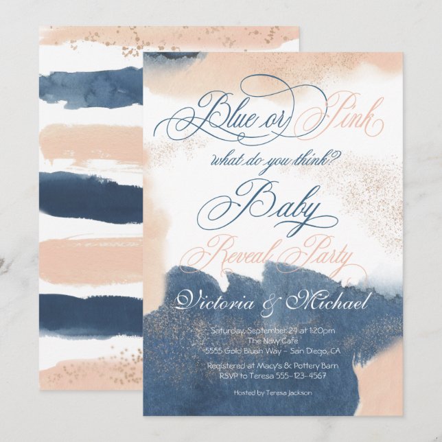 Navy Blush Gold Baby Reveal Shower invitation (Front/Back)