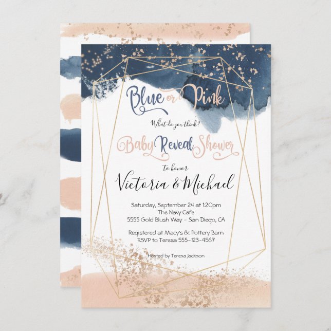 Navy Blush Gold Baby Reveal Shower invitation (Front/Back)
