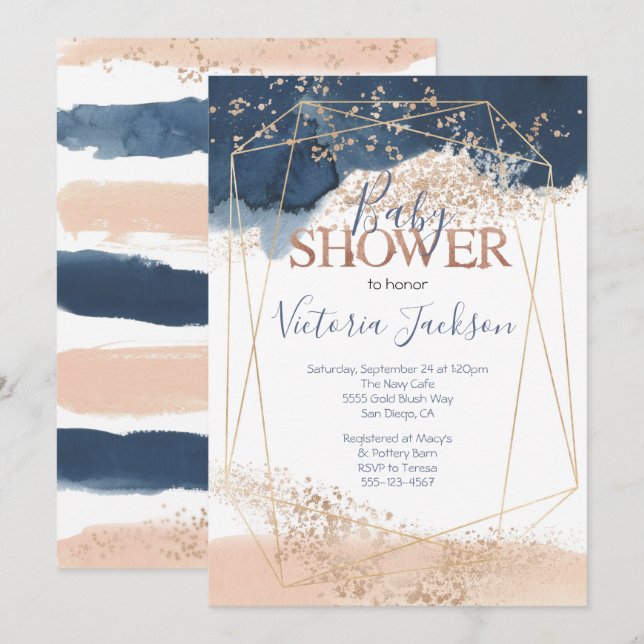 Navy Blush Gold Baby Shower Invitation (Front/Back)