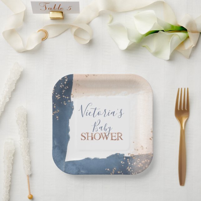 Navy Blush Gold Baby Shower Paper Plates (Wedding)
