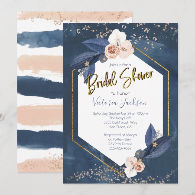 Navy Blush Gold Bridal Shower Invitation (Front/Back)