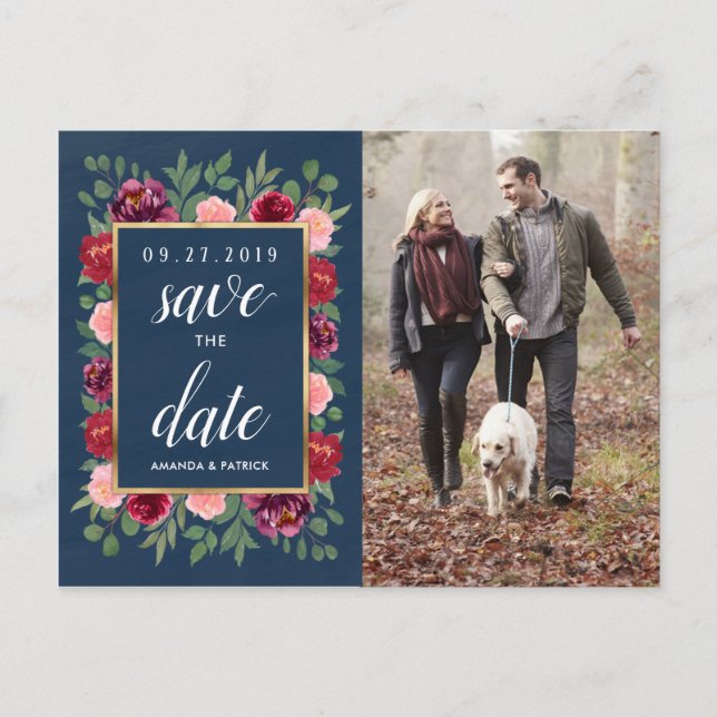 Navy Blush Gold Burgundy Save the Date Postcards (Front)