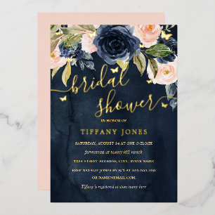 Navy Blush Gold Butterfly Bridal Shower  Foil Invitation