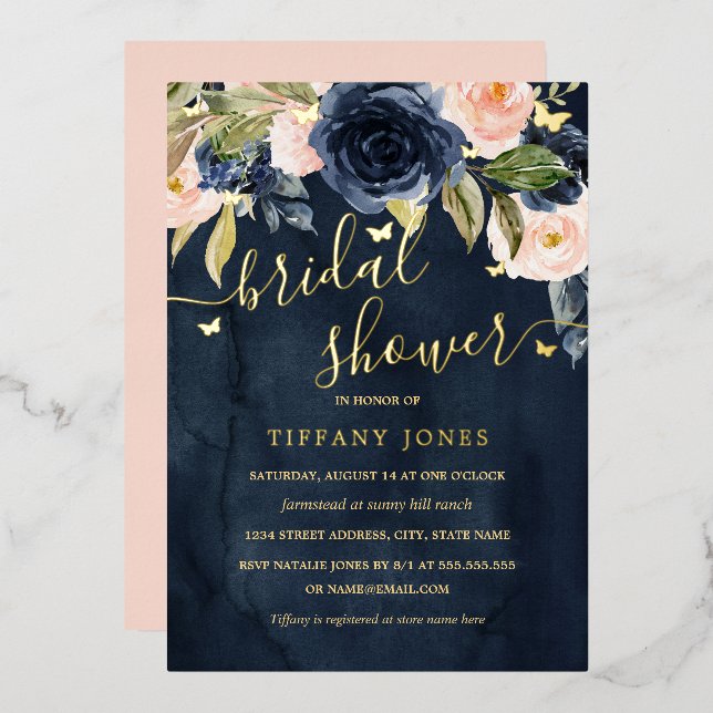Navy Blush Gold Butterfly Bridal Shower  Foil Invitation (Front/Back)