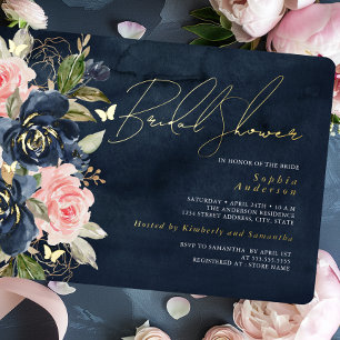 Navy Blush Gold Butterfly Bridal Shower Foil Invitation