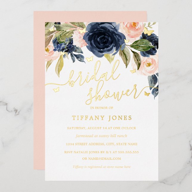 Navy Blush Gold Butterfly Floral Bridal Shower  Foil Invitation (Front/Back)