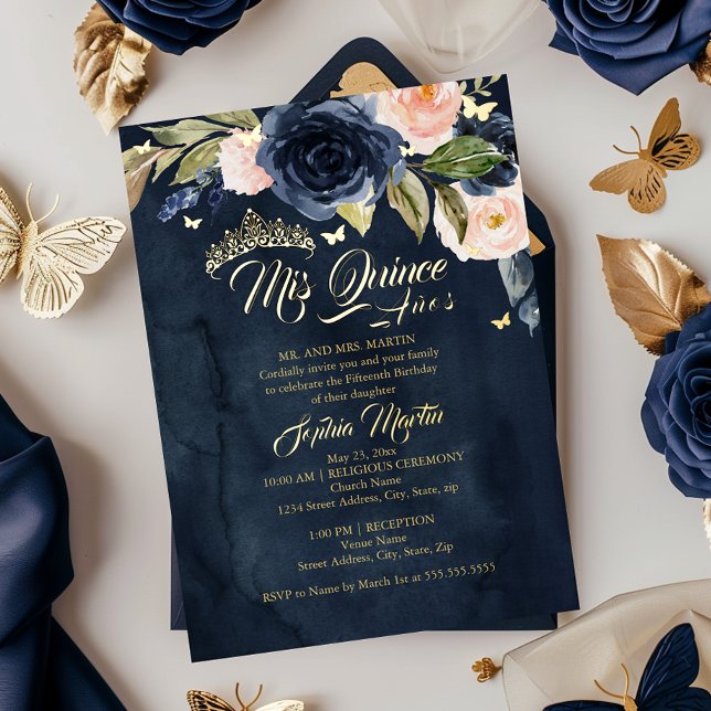 Navy Blush Gold Butterfly Mis Quince Quinceanera Foil Invitation (Creator Uploaded)
