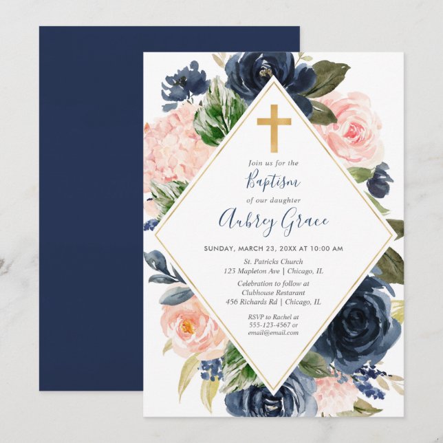 Navy blush gold floral baptism invitation (Front/Back)