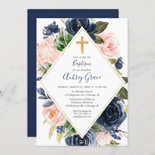 Navy blush gold floral baptism invitation