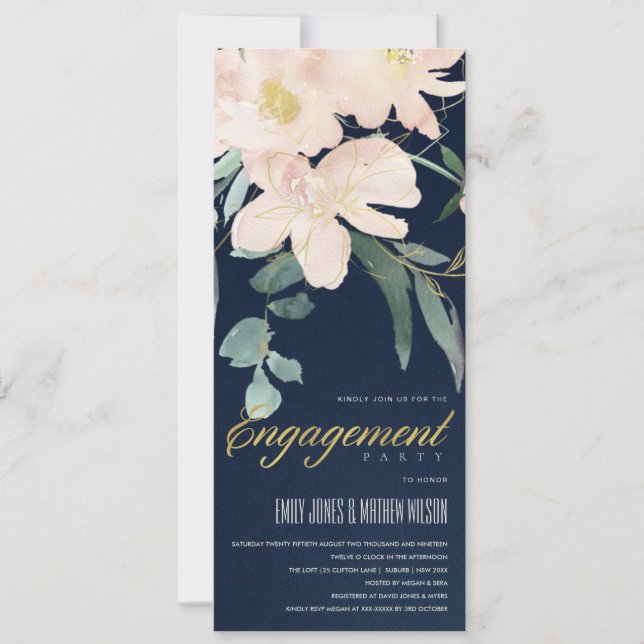 NAVY BLUSH GOLD FLORAL BUNCH WATERCOLOR ENGAGEMENT INVITATION (Front)