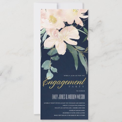 NAVY BLUSH GOLD FLORAL BUNCH WATERCOLOR ENGAGEMENT INVITATION