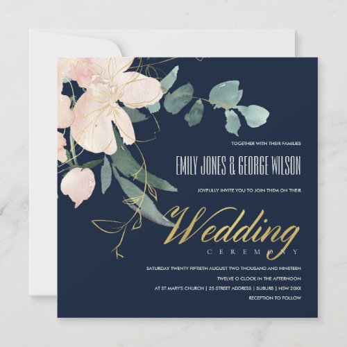 NAVY BLUSH GOLD FLORAL BUNCH WATERCOLOR WEDDING INVITATION