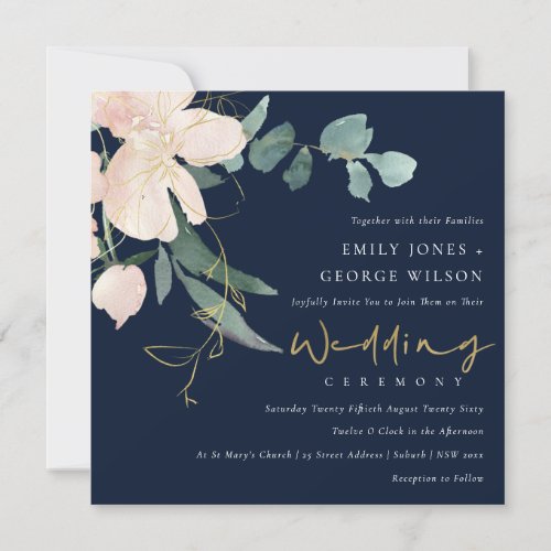 NAVY BLUSH GOLD FLORAL BUNCH WATERCOLOR WEDDING INVITATION
