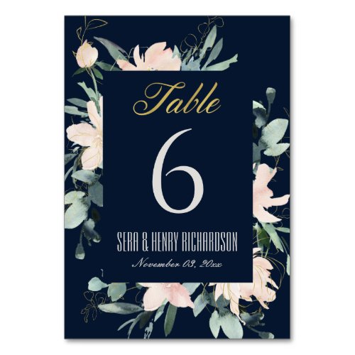 NAVY BLUSH GOLD FLORAL FRAME WATERCOLOR WEDDING TABLE NUMBER