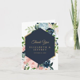 Navy Blush Gold Floral Geometric Thank You Card