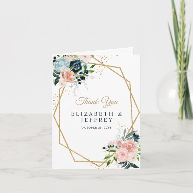 Navy Blush Gold Floral Geometric Thank You Card (Front)