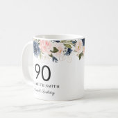 Navy Blush Gold Floral Personalized 90th Birthday Coffee Mug (Front Left)