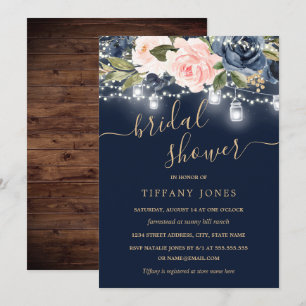 Navy Blush Gold Floral Rustic Wood Bridal Shower Invitation