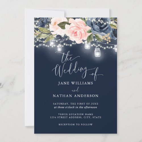 Navy Blush Gold Floral Rustic Wood Wedding Invite