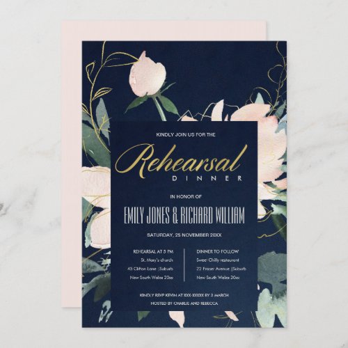 NAVY BLUSH GOLD FLORAL WATERCOLOR REHEARSAL DINNER INVITATION