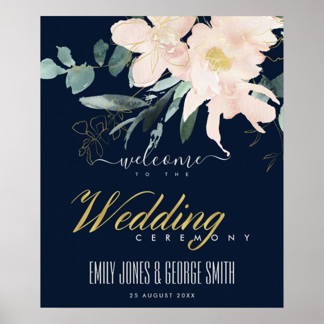 NAVY BLUSH GOLD FLORAL WATERCOLOR WEDDING WELCOME POSTER (Front)