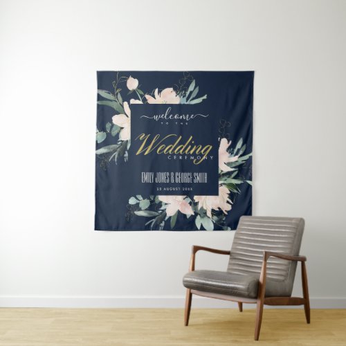 NAVY BLUSH GOLD FLORAL WATERCOLOR WEDDING WELCOME TAPESTRY