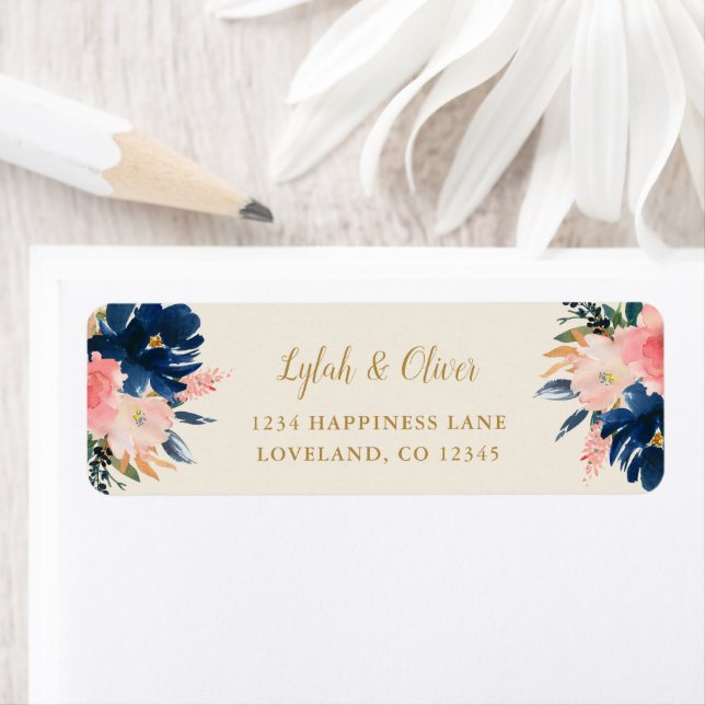 Navy Blush & Gold Floral Wedding Return Address Label (Insitu)