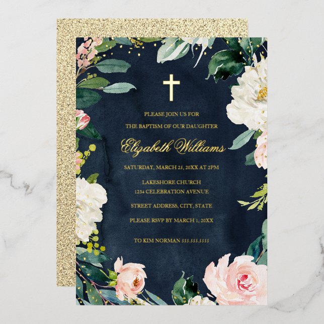 Navy Blush Gold Floral Wreath Cross Girl Baptism  Foil Invitation (Front/Back)