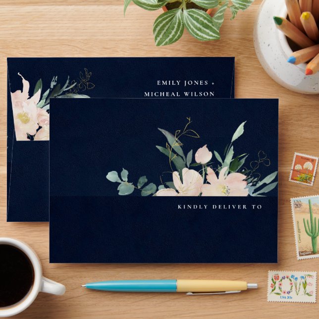 NAVY BLUSH GOLD FLORAL WREATH WATERCOLOR ADDRESS ENVELOPE (Desk)