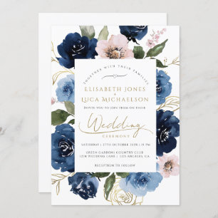 Navy Blush Gold Florals Botanical Blue Wedding  Invitation