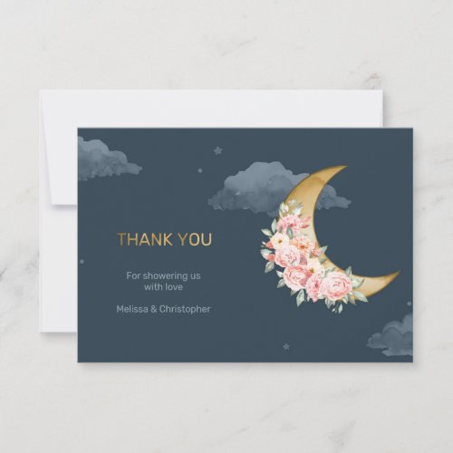 Navy blush gold foil over the moon baby shower thank you card