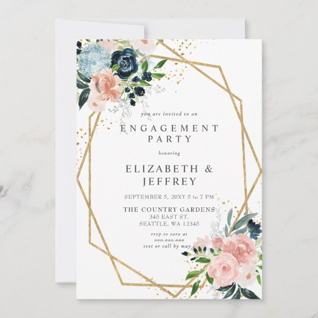 Navy Blush Gold Geometric Floral Engagement Party Invitation (Front)