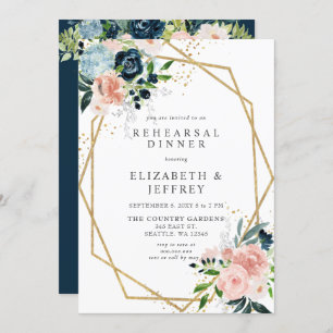 Navy Blush Gold Geometric Floral Rehearsal Dinner Invitation
