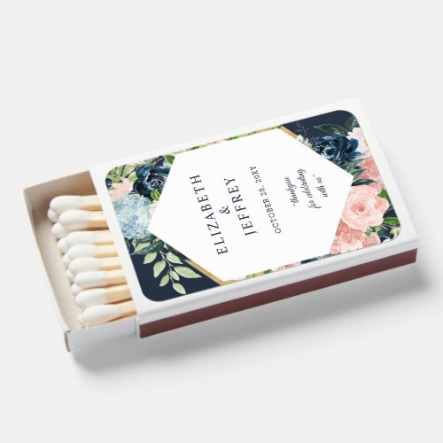 Navy Blush Gold Geometric Floral Wedding Matchboxes