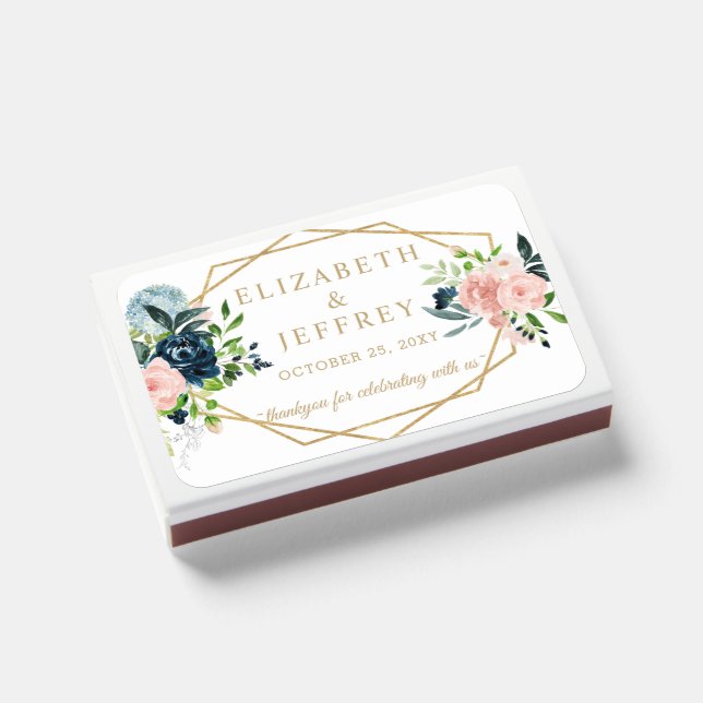 Navy Blush Gold Geometric Floral Wedding Matchboxes (Front Closed)