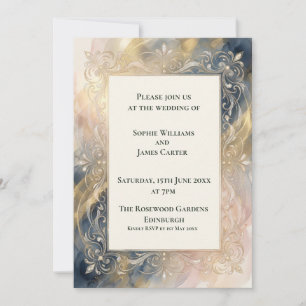 Navy Blush Gold Ornate Wedding Invitation