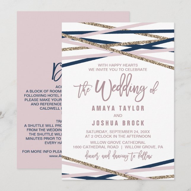 Navy Blush & Gold Streamers Detail on Back Wedding Invitation (Front/Back)