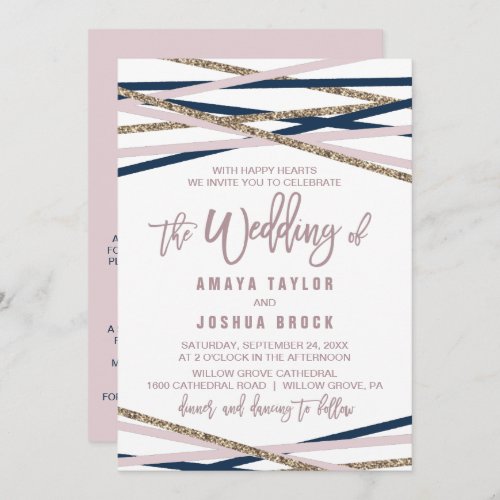 Navy Blush  Gold Streamers Detail on Back Wedding Invitation