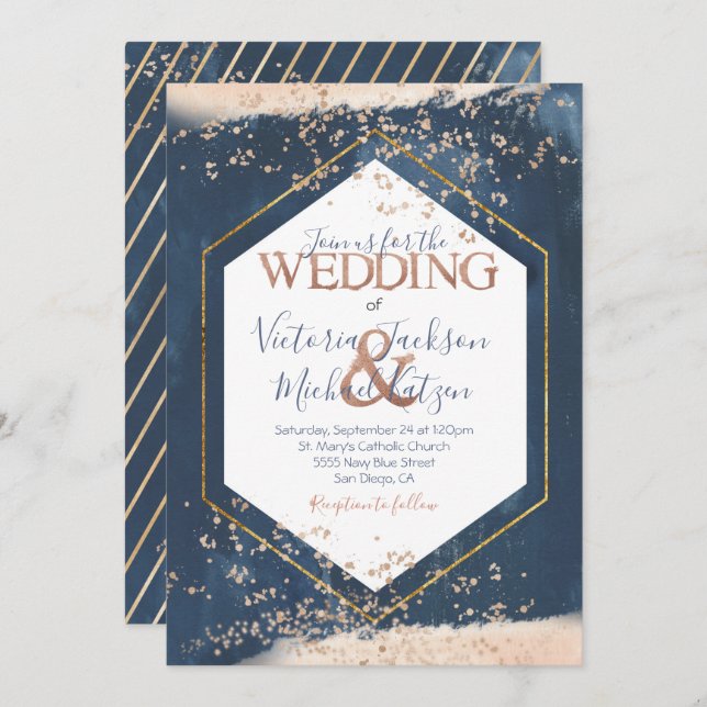 Navy Blush Gold Wedding invitation (Front/Back)