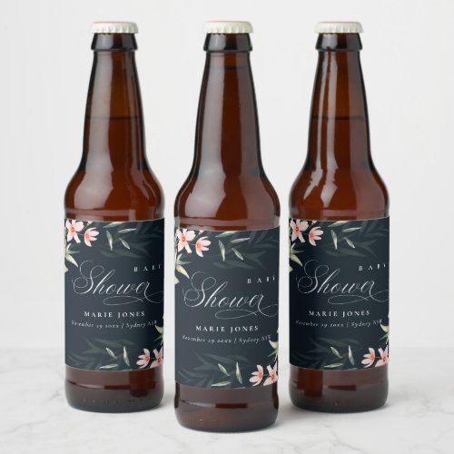 Navy Blush Greenery Floral Bunch Baby Shower Beer Bottle Label