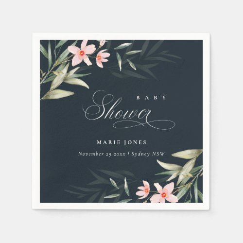 Navy Blush Greenery Floral Bunch Baby Shower Napkins