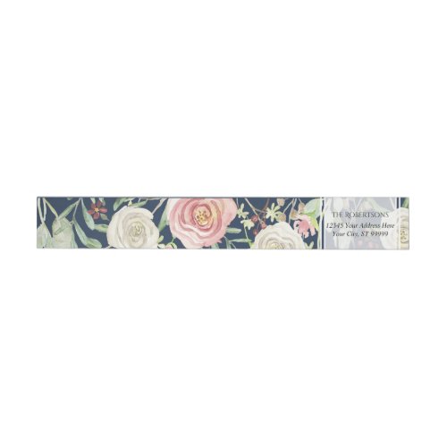 Navy Blush Ivory Rose Floral Leaf Watercolor Wrap Around Label